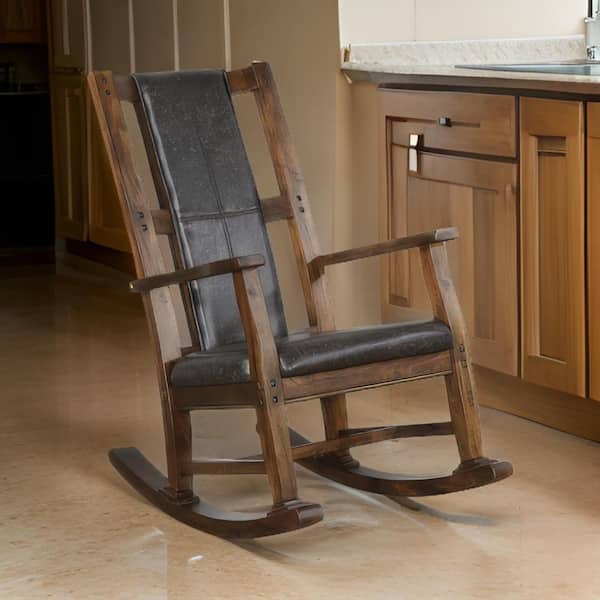 Jenne Antique Brown and Gray Mahogany Wood Outdoor Rocking Chair with Faux Leather Seat