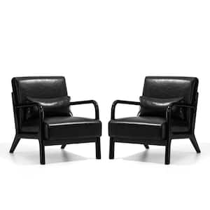 Mid-century Modern Black Leatherette Accent Armchair with Walnut rubberwood frame (Set of 2)