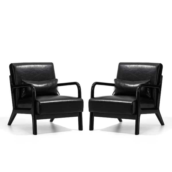 Mid-century Modern Black Leatherette Accent Armchair with Walnut rubberwood frame (Set of 2)