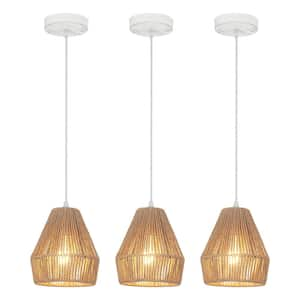 60 -Watt 1-Light Distressed White & Brown Shaded Pendant Light with Rattan Geometric Shade, No Bulbs Included(Set of 3)