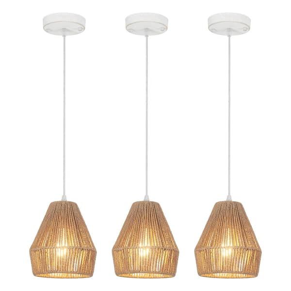 LWYTJO 60 -Watt 1-Light Distressed White and Brown Shaded Chandelier with Rattan Geometric Shade, No Bulbs Included (Set of 3)