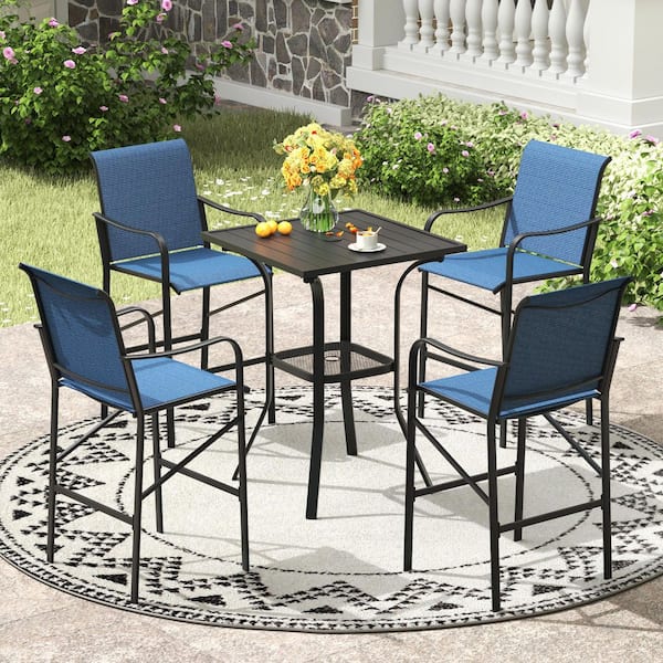 5-Piece Black Metal Square Outdoor Bistroor Set with Dark Blue Chair for Lawn Garden
