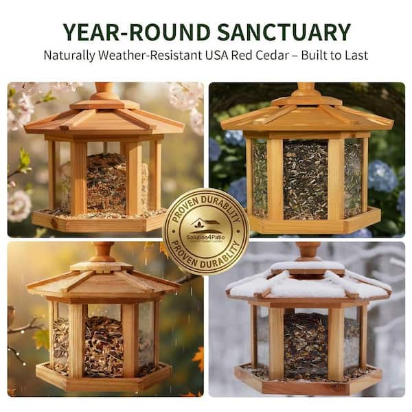 SenQWFa Natural Cedar Wood Hanging Mesh Tray Gazebo Bird Seed