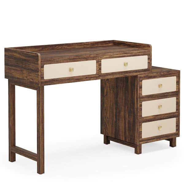 BYBLIGHT Moronia 51.18 in. Brown and Beige 2-Drawer Computer Desk, Wood Home Office Desk with Reversible 3-Drawer Cabinet