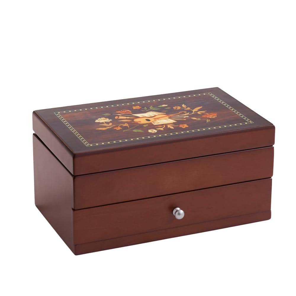 Walnut Florentine Motif Wooden Jewelry Box with Mirror