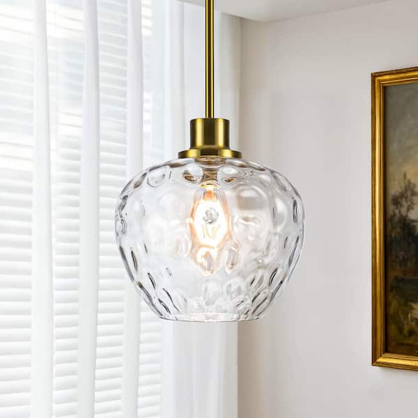 RayHome 1-Light Modern Gold Adjustable Height Pendant Light with Apple-Shaped Hammered Glass for Kitchen Island Bedroom