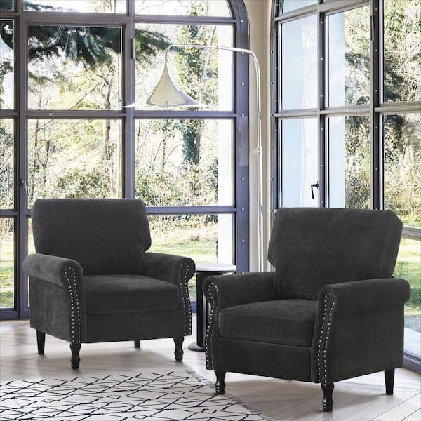 Black Chenille Upholstered Wood Frame Accent Arm Chairs (Set of 2)