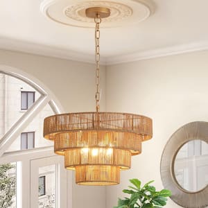 6-Light Yellow Bohemian Drum Hanging Pendant Light with 4-Tier Woven Shade