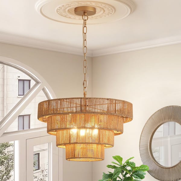 6-Light Yellow Bohemian Drum Hanging Pendant Light with 4-Tier Woven Shade