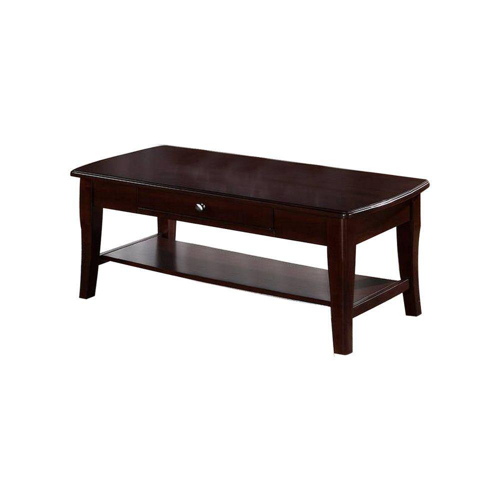 Benjara 48 in. Cherry Oak Brown Rectangle Wood Coffee Table with 1 Drawer and Bottom Shelf