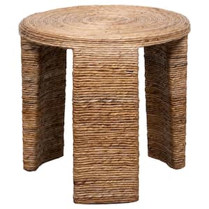 22 in. Brown Round Wood End Table with Natural Rattan Wrapping