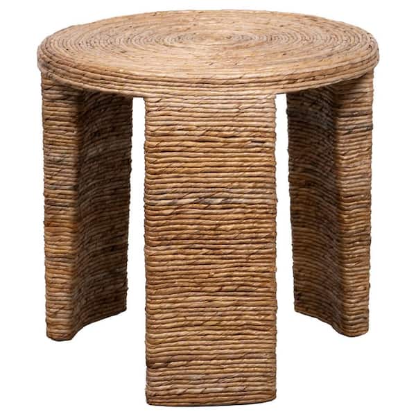 Benjara 22 in. Brown Round Wood End Table with Natural Rattan Wrapping