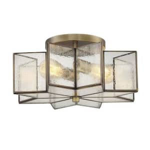 16 in. W x 7 in. H 2-Light Natural Brass Semi-Flush Mount Ceiling Light with Clear Seeded Glass Shade
