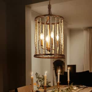 Farmhouse Kitchen Island Pendant Light, 4-Light Antique Gold Drum Lantern Chandelier with Distressed White Wood Beads