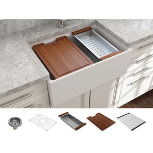 Contempo Workstation 27 in. Farmhouse Apron-Front Single Bowl Matte White Fireclay Kitchen Sink with Accessories