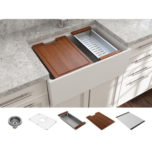 BOCCHI Contempo Workstation 27 in. Farmhouse Apron-Front Single Bowl Matte White Fireclay Kitchen Sink with Accessories