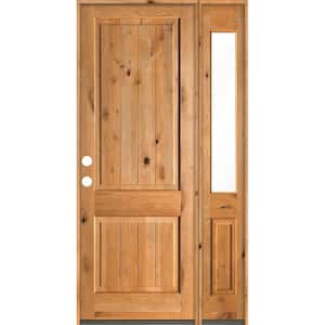 50 in. x 96 in. Rustic Knotty Alder Square Top Right-Hand/Inswing Clear Glass Clear Stain Wood Prehung Front Door w/RHSL