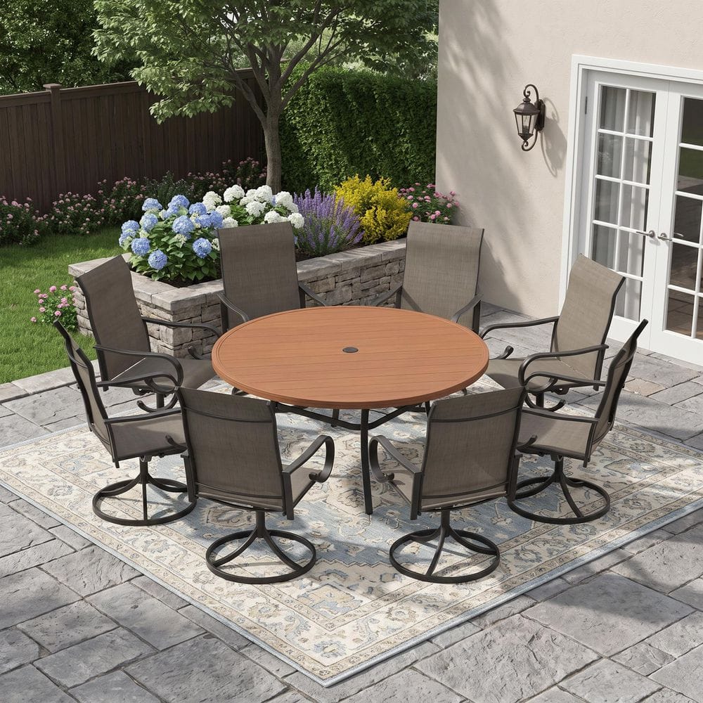 9-Piece Metal Outdoor Dining Set with 60 in. Walnut Round Slatted Table and 8 Brown 360° Swivel Textilene Patio Chairs price history on PriceWatchPro