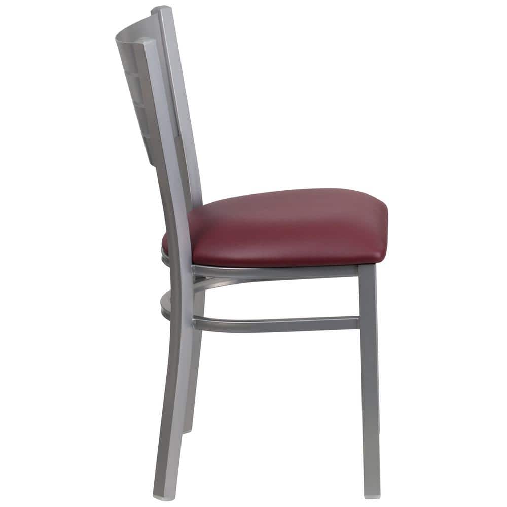 Elegant Burgundy Vinyl and Silver Steel Slat Back Side Chair