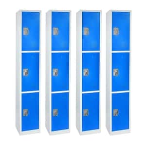 629-Series 72 in. H 3-Tier Steel Key Lock Storage Locker Free Standing Cabinets for Home, School, Gym in Blue (4-Pack)