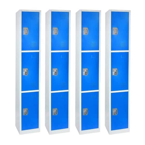 AdirOffice 629-Series 72 in. H 3-Tier Steel Key Lock Storage Locker Free Standing Cabinets for Home, School, Gym in Blue (4-Pack)