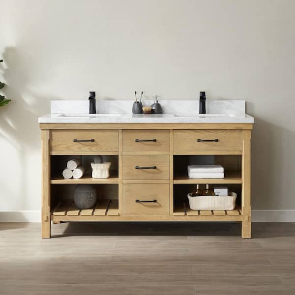ROSWELL Valencia 60 in. W x 22 in. D x 33.9 in. H Bathroom Vanity in Washed Ash with White Composite Stone Top Without Mirror