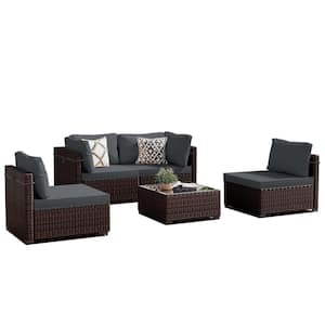 5-Piece Wicker Patio Conversation Seating Set with Dark Gray Cushions and Coffee Table