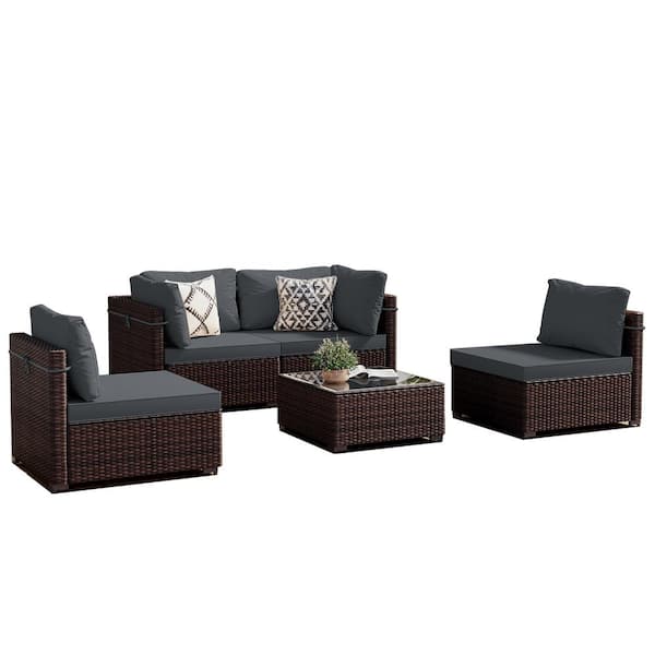 PATIOGUARDER 5-Piece Wicker Patio Conversation Seating Set with Dark Gray Cushions and Coffee Table