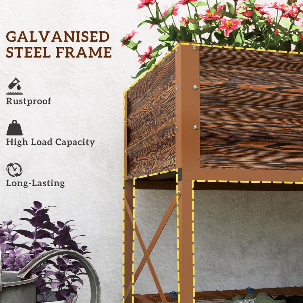 Dark Brown Galvanized Metal Raised Garden Bed with Storage Shelf