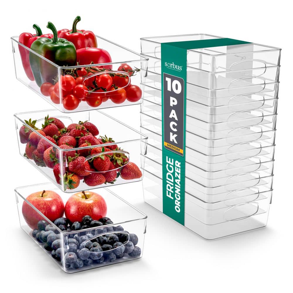 10-Pack Medium Clear Plastic Organizing Bins, Stackable Refrigerator, Fridg