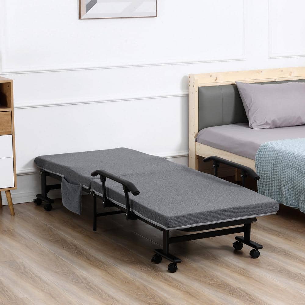 Dark Grey Metal Frame Rollaway Guest Bed with Upholstered Headboard