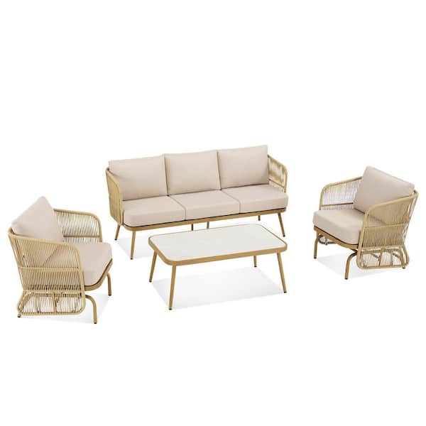 4-Piece Wicker Patio Conversation Set, Including Sofa Lounge Chairs, and Side Table with Beige Cushions