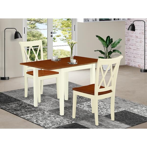 East West Furniture 3-Piece Buttermilk and Cherry Finish Solid Wood Top Dining Table Set