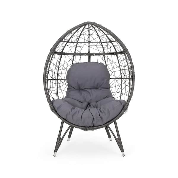 Black Iron Wicker Outdoor Chaise Lounge, Teardrop Egg Chair with Gray Cushions for Patio, Balcony