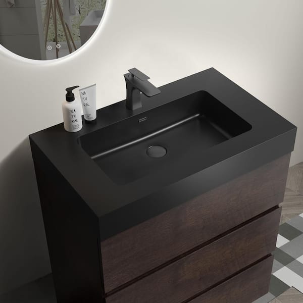 30 in. Single Sink Freestanding Rose Wood Bath Vanity with Black Solid Surface Top Unassembled without Drain and Faucet
