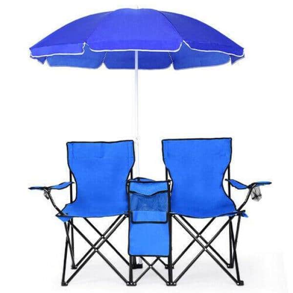 Blue Double Folding Camping Chairs with Umbrella and Cooler