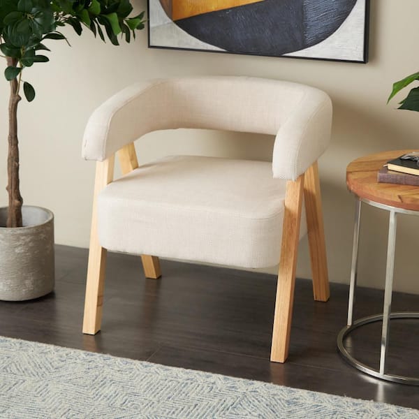 Litton Lane Beige Arched Boucle Polyester Accent Chair with Brown Angled Wooden Legs