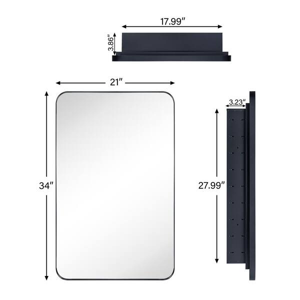 TEHOME 21-in x 34-in Recessed Mount Matte Black Mirrored Medicine Cabinet