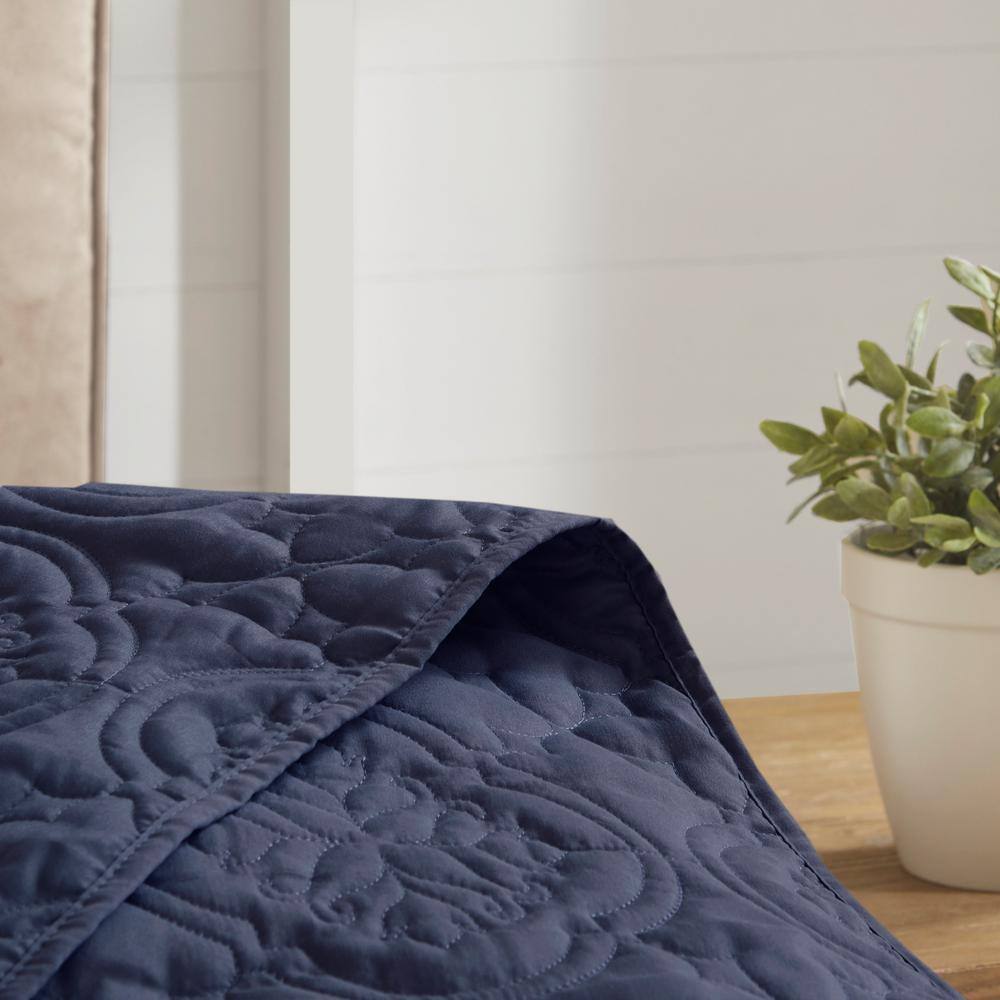 Navy King-Size Reversible Microfiber Bedspread Set with Classic Stitch