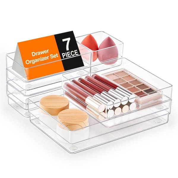 Clear 7-Piece Drawer Organizer w/ Non-Slip Pads, 4-Size Storage Trays for Makeup, Jewelry, Utensils 8.90 in. x 6.50 in.