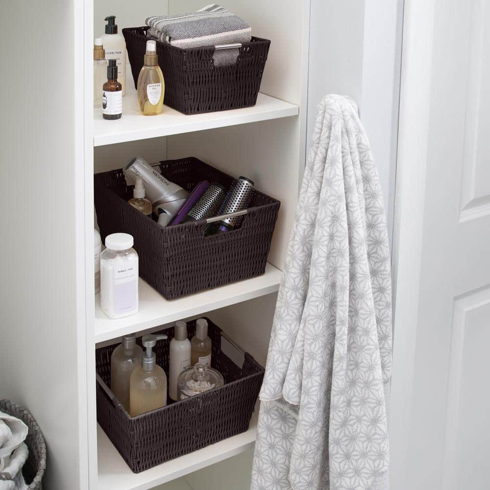 Chocolate Rattan Rectangular Storage Tote with Stainless Steel Handles