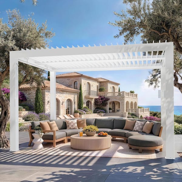 Ultra Series 10 ft. x 12 ft. Louvered Pergola with USB Charging Port Deck, Gazebo with Adjustable Roof, White