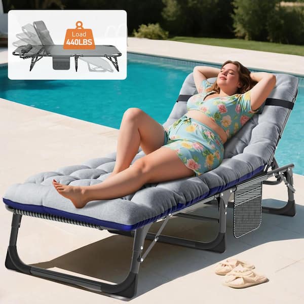 BOZTIY Folding Camping Cot Portable Outdoor Chaise Lounge Chair w/ Mat Double Layer 1200D 500 lbs. Steel Cot, Navy Blue