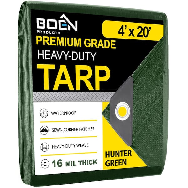 BOEN 4 ft. x 20 ft. Green Ultra Heavy-Duty 16 Mil Thick Hunter Tarp Cover, Waterproof, Tear Proof and UV Resistant