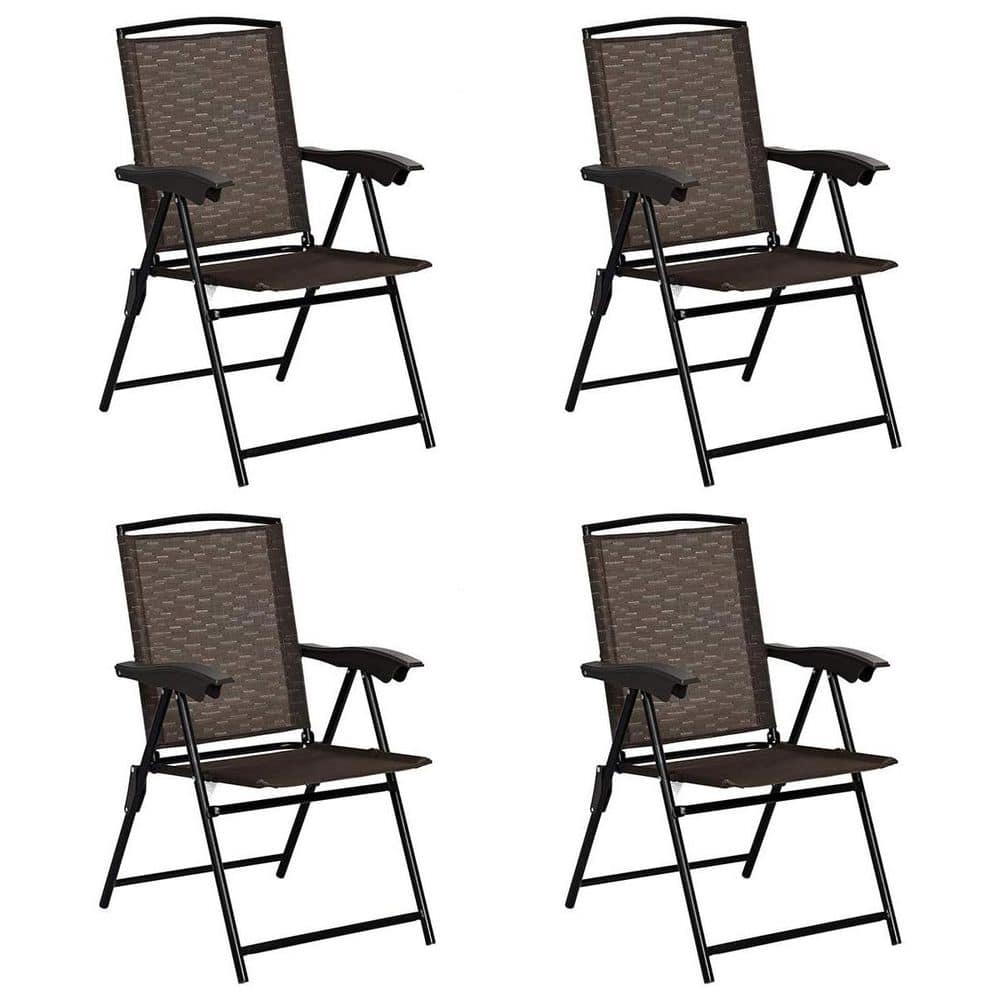 Folding Steel Outdoor Dining Chair in Brown (Set of 4) with Armrests and Ad