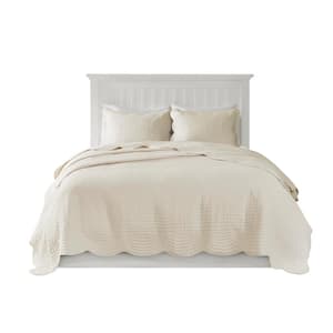 Marino 3-Piece Cream Reversible Scalloped Edge Microfiber King/Cal King Quilt Set