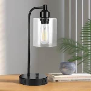 14 in. Industrial Black Table Lamp with Glass Shade for Bedrooms Bedside Lamps with USB Port and Outlet (Bulb Included)