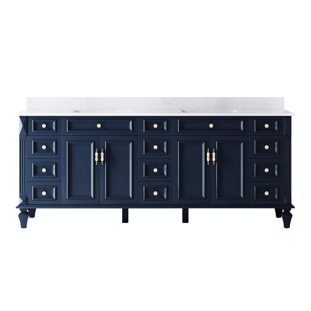 84 in. Solid Wood Bath Vanity in Navy Blue with Carrara White Quartz Top Soft-Close Doors Drawers Assembled price history on PriceWatchPro