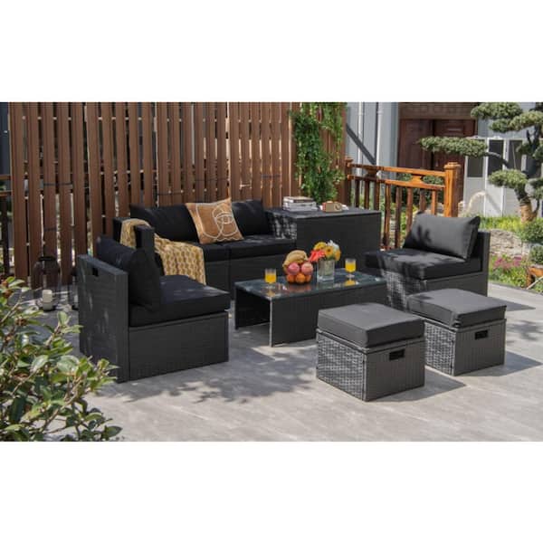 Kadehome 8-Piece Wicker Patio Conversation Set with Waterproof Cover and Black Cushions