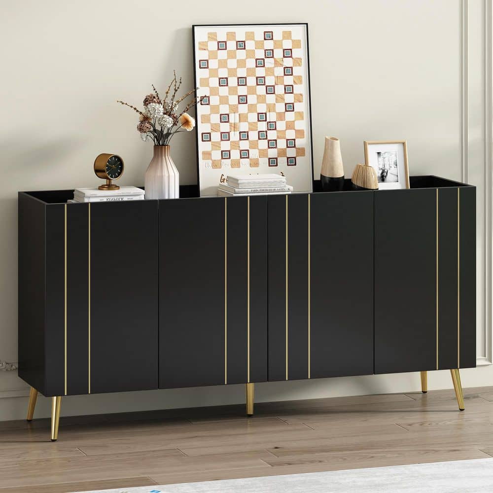 Finnegan 31.40 in. H x 62.90 in. W Black Wood Shoe Storage Cabinet with 5 Metal Legs, Adjustable Shelves